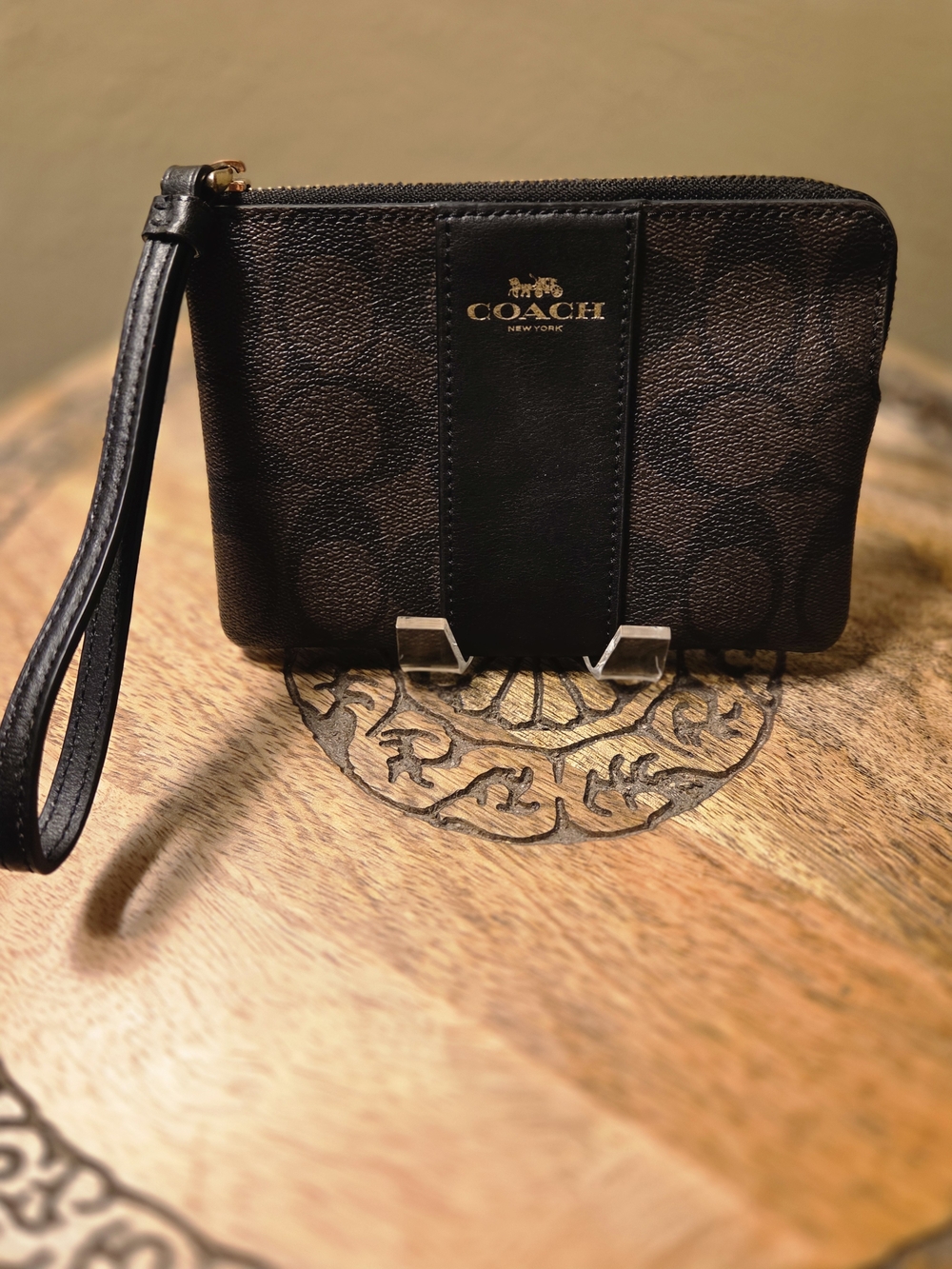 COACH Brown & Black Signature Logo Wristlet Pouch